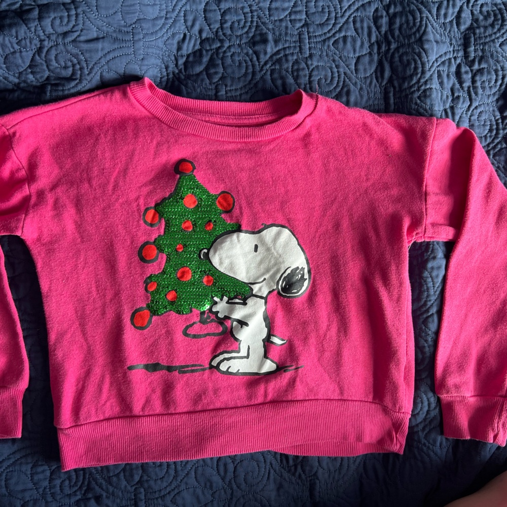 Snoopy peanuts Barbie pink size 8/10 Christmas sweatshirt. Sequined xmas tree